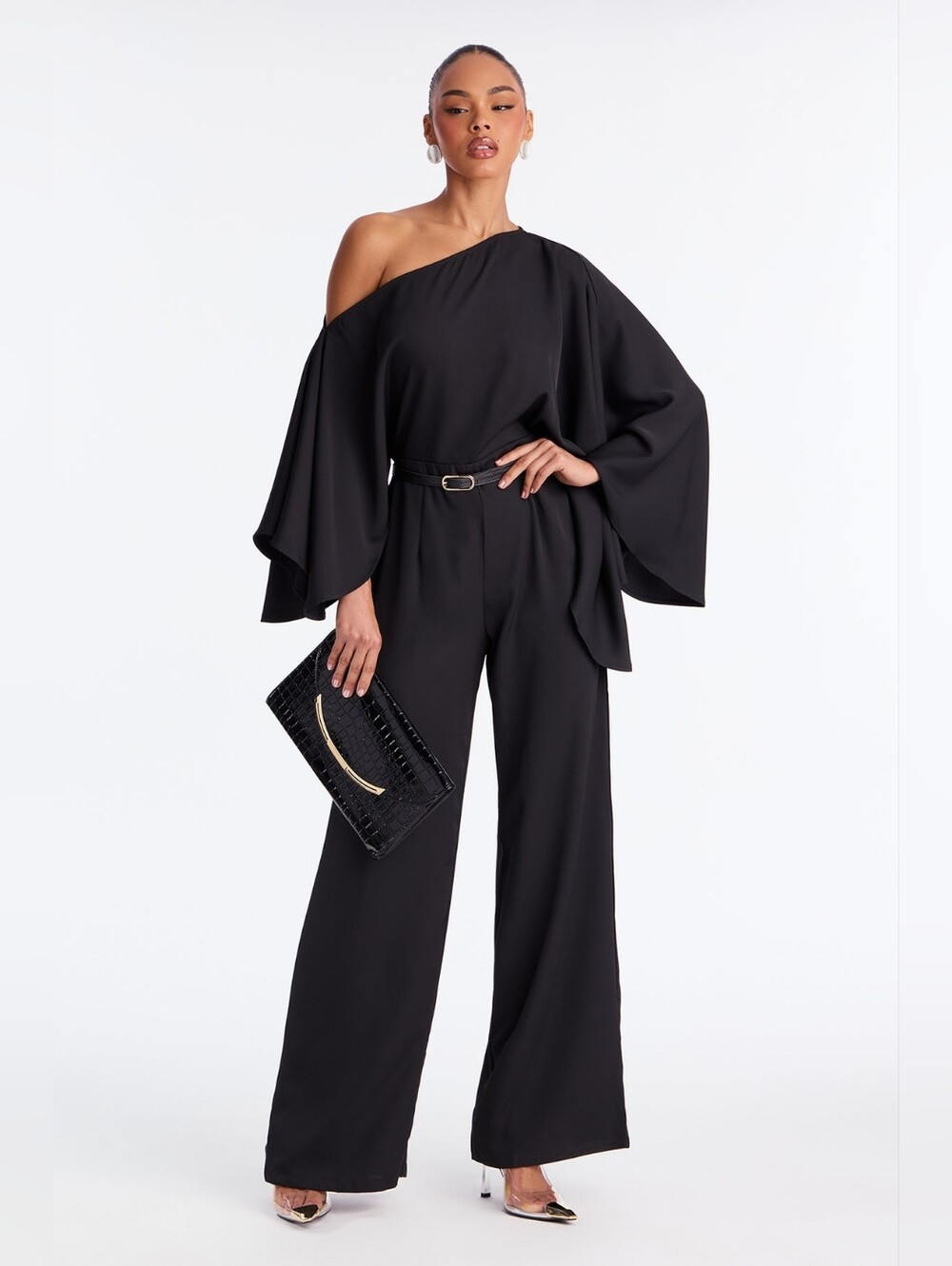 Fashion Nova Belted One-Shoulder Black Wide-Leg Jumpsuit